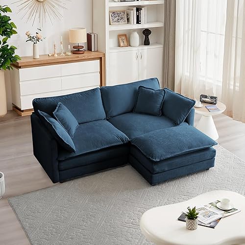 mikibama Modular Sectional Sofa, 76.4 Inch L Shaped Couch Set for Living Room, Loveseat Comfy Cloud Couches with Movable Ottoman, DIY Combination, Chenille, Blue