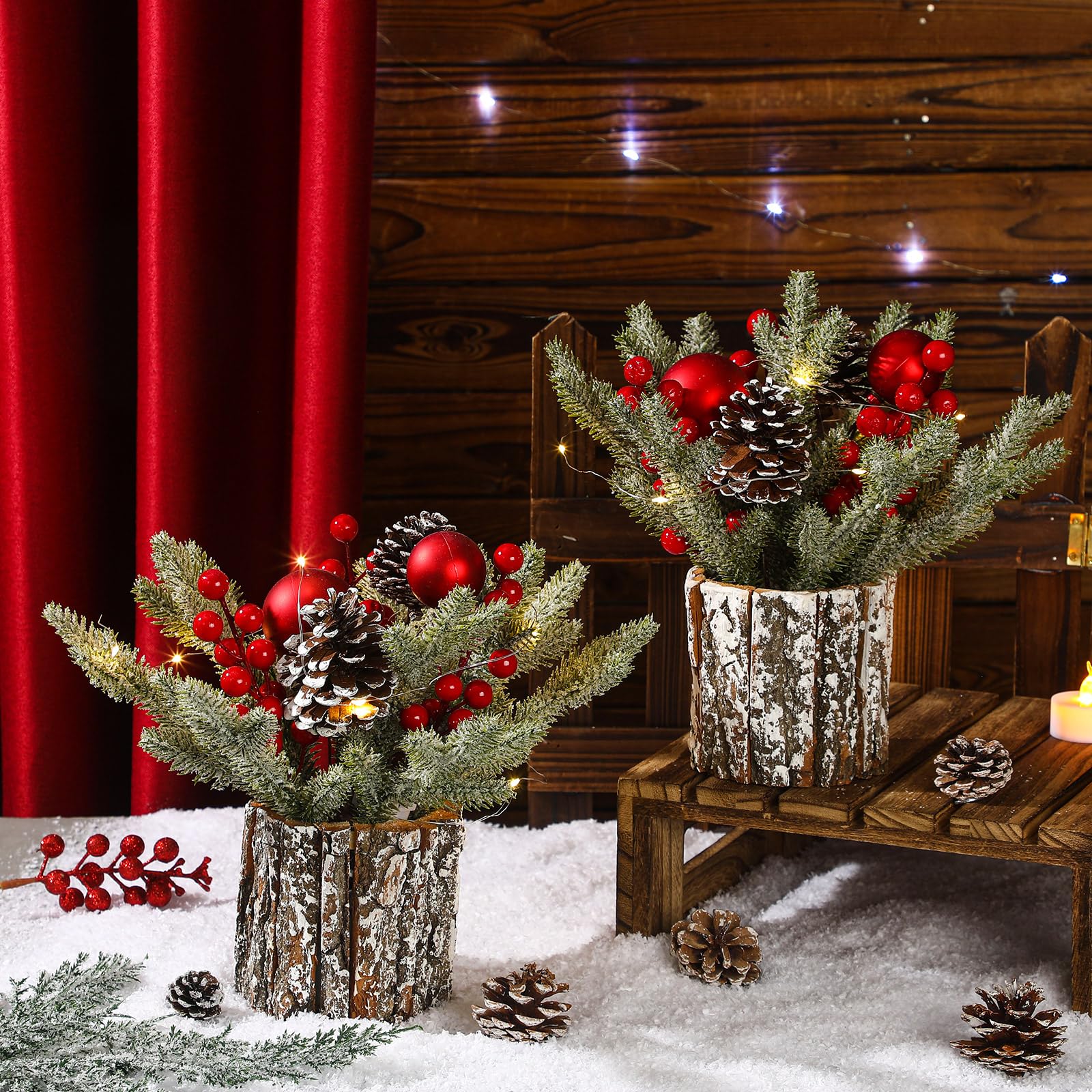 Lyrow Lot de 2 mini sapins de Noël en pot pré-éclairés avec lumières - Mini décorations de table artificielles avec baies et pommes de pin, 35 x 30 cm