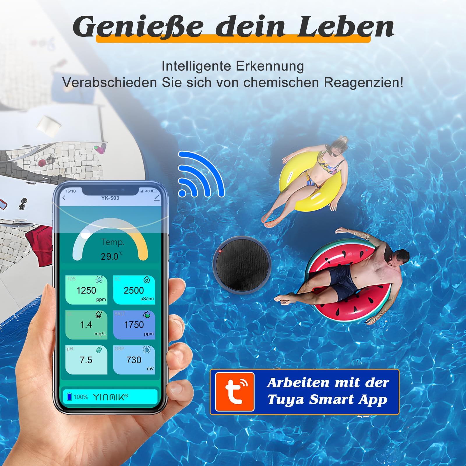 UIUZMAR Pool pH und Chlor Messgerät Intelligenter Poolmonitor, 7-in-1 pH Salz EC TDS Freies Chlor ORP und Thermometer für Schwimmbad, Schwimmender Solarbetriebener Chlormonitor für Whirlpool