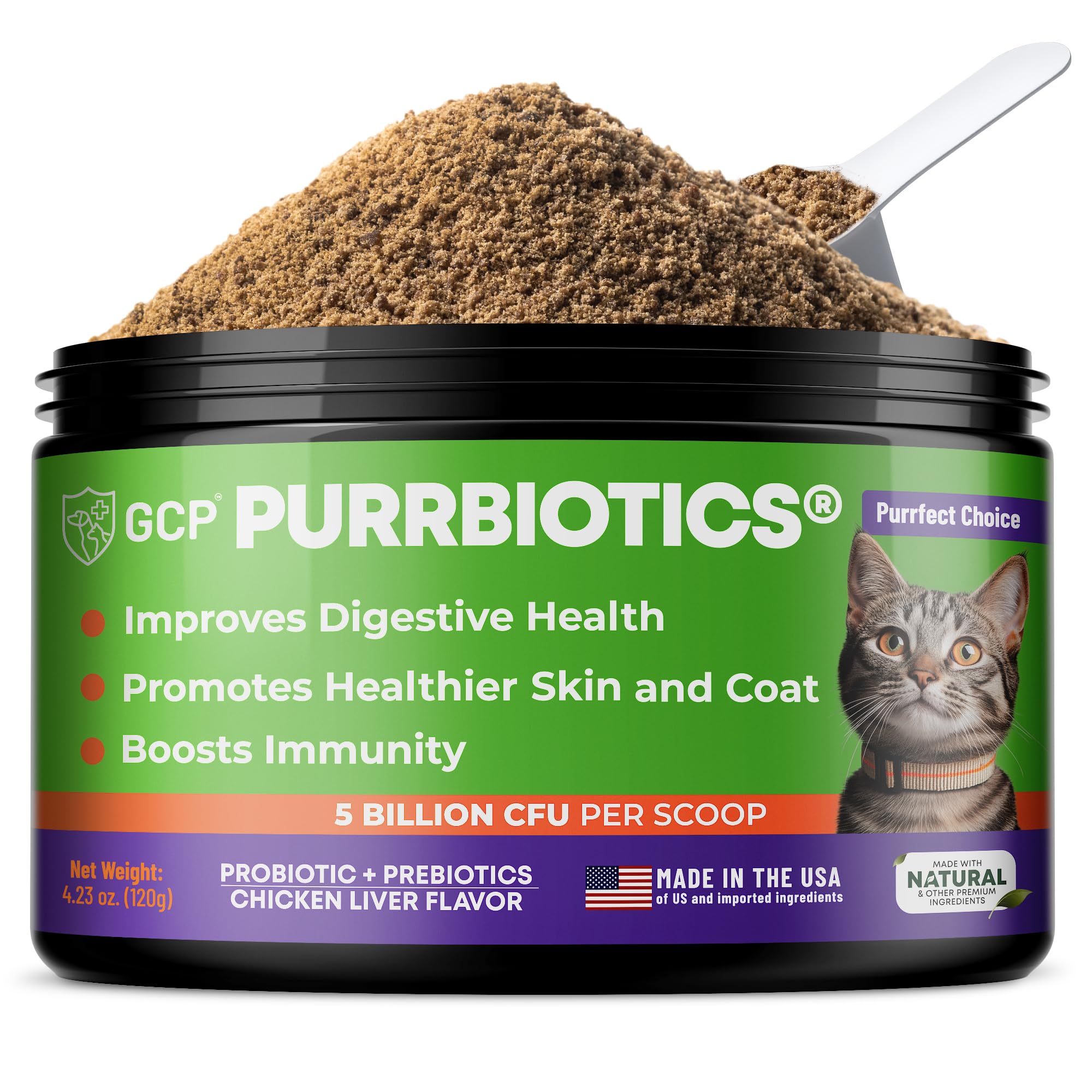 Guardian’s Choice Purrbiotics, Cat Probiotic Powder for Digestive & Immune Support, 5 Billion CFU with Prebiotics & Fiber, Shelf-Stable Probiotics for Cats, Chicken Flavor Cat Probiotics, 120 Servings