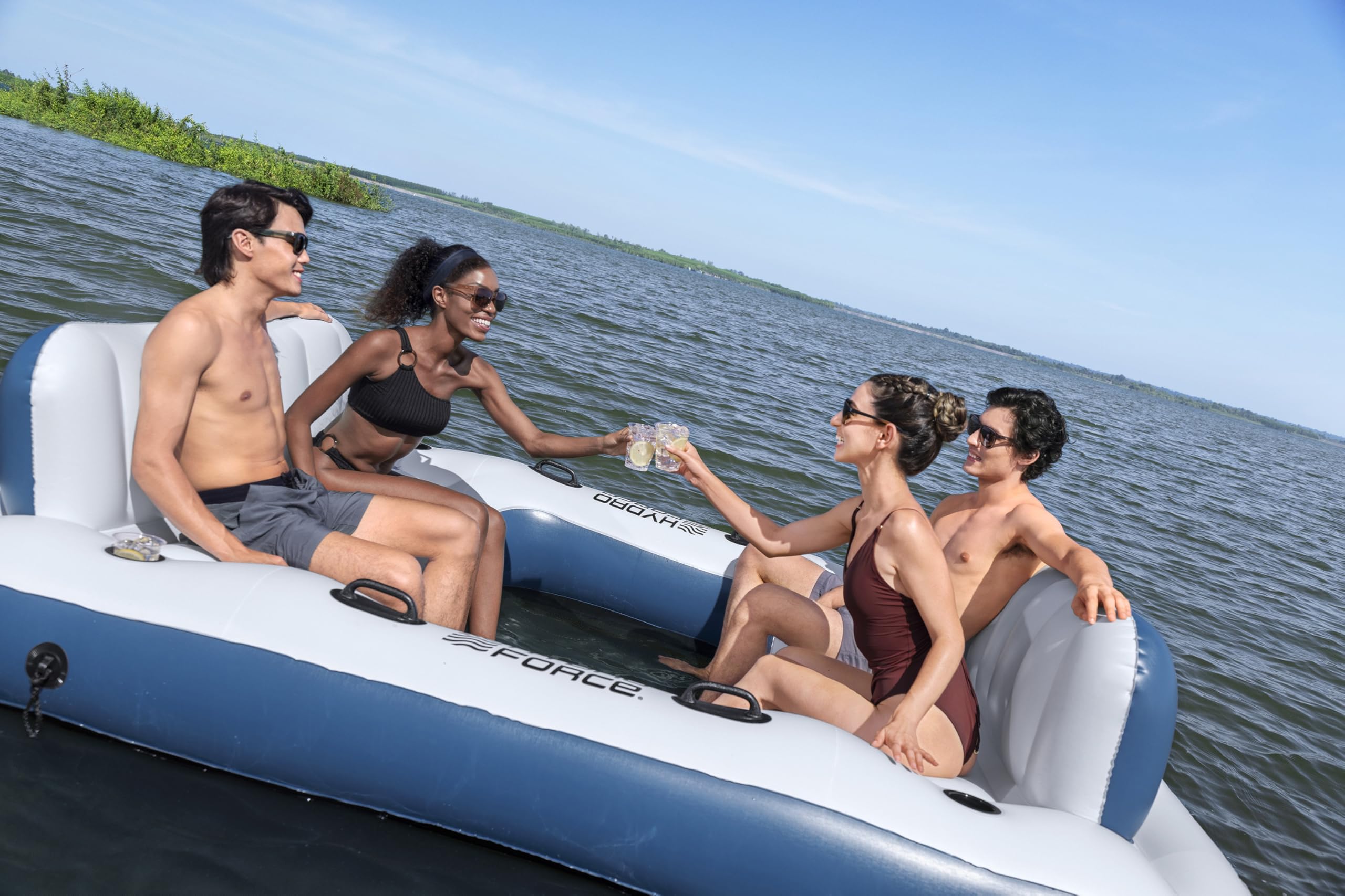 Bestway Aufblasbare Badeinsel Pool Party 269 x 182 x 67 cm – XXL Schwimminsel für 8 Personen, 400 kg Tragkraft, 8 Getränkehalter, Rückenlehnen, Inflata-Shield Material, Clasp 'N Go verbindbar