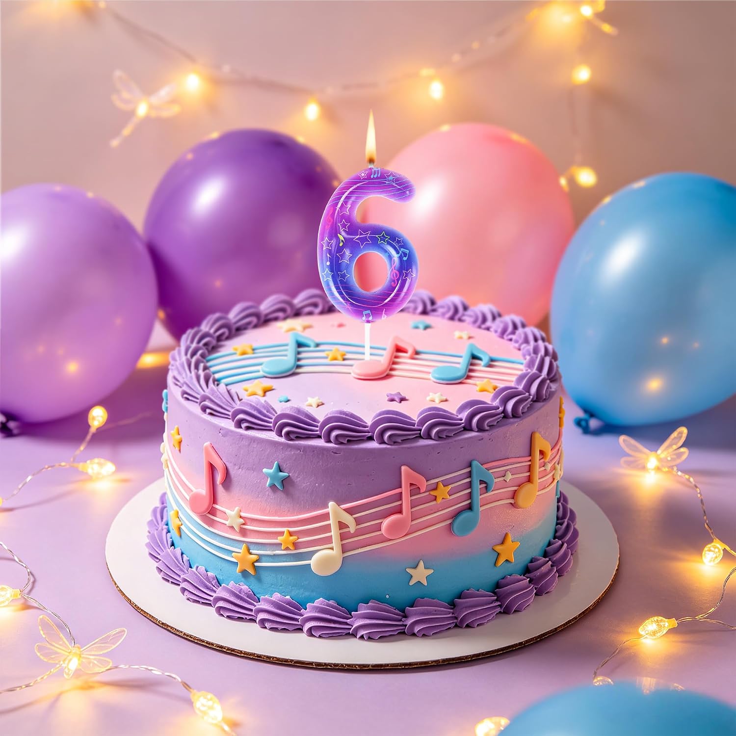 Purple Music Themed 6th Birthday Candle Gradient Purple Blue Music Note Cake Topper Birthday Decoration for Boys and Girls