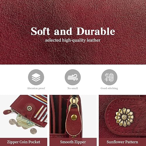 Miniatura 8 de Cartera de cuero con doble pliegue para mujer, bloqueo RFID, tarjetero compacto, cartera pequeña con ventana para identificación extraíble, A6-rojo,