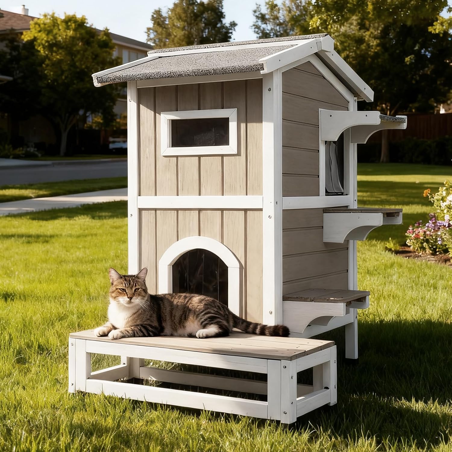 2-Story Wooden Cat House, Weatherproof Cat Shelter with 3 Platforms, 2 Escape Doors, Waterproof Roof, Removable Floor, Outdoor & Indoor, 24.8" L x 31.1" W x 35.3" H