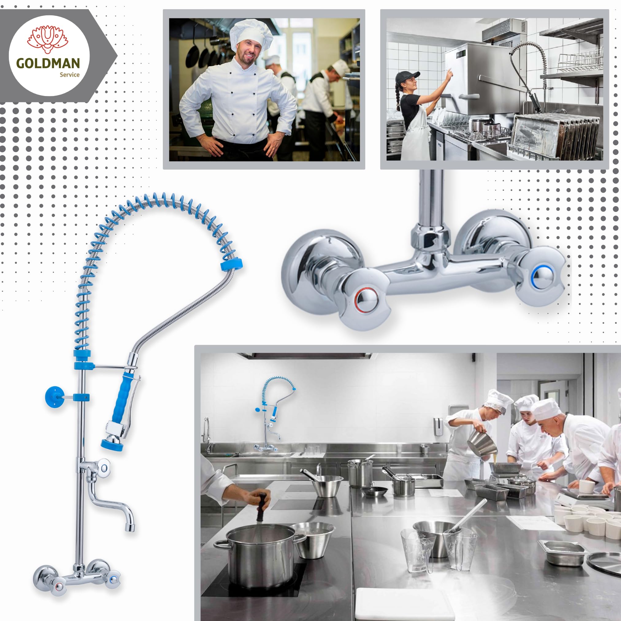 GOLDMAN SERVICE Grifo Pomo Industrial Hostelería de Pared Extensible para Fregadero Lavabo de Cocina con Spray Ducha