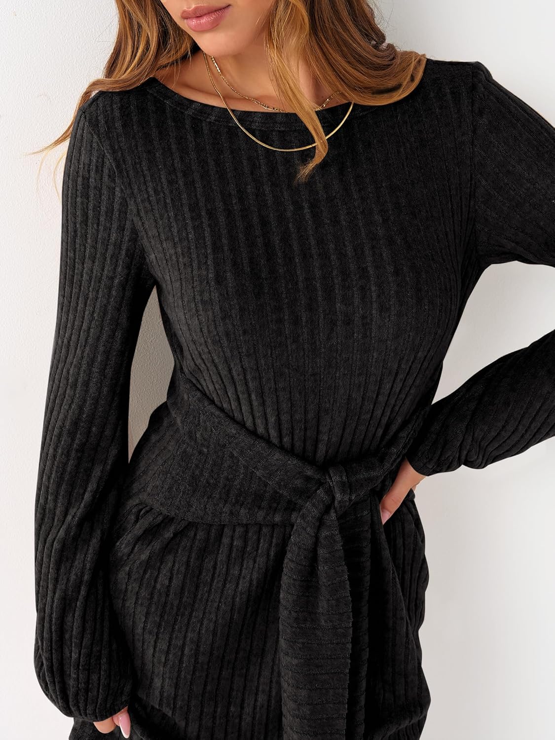 ANRABESS Womens 2026 Fall Dress Long Lantern Sleeve Ribbed Knit Casual Tie Waist Lightweight Mini Sweater Dress - Image 2