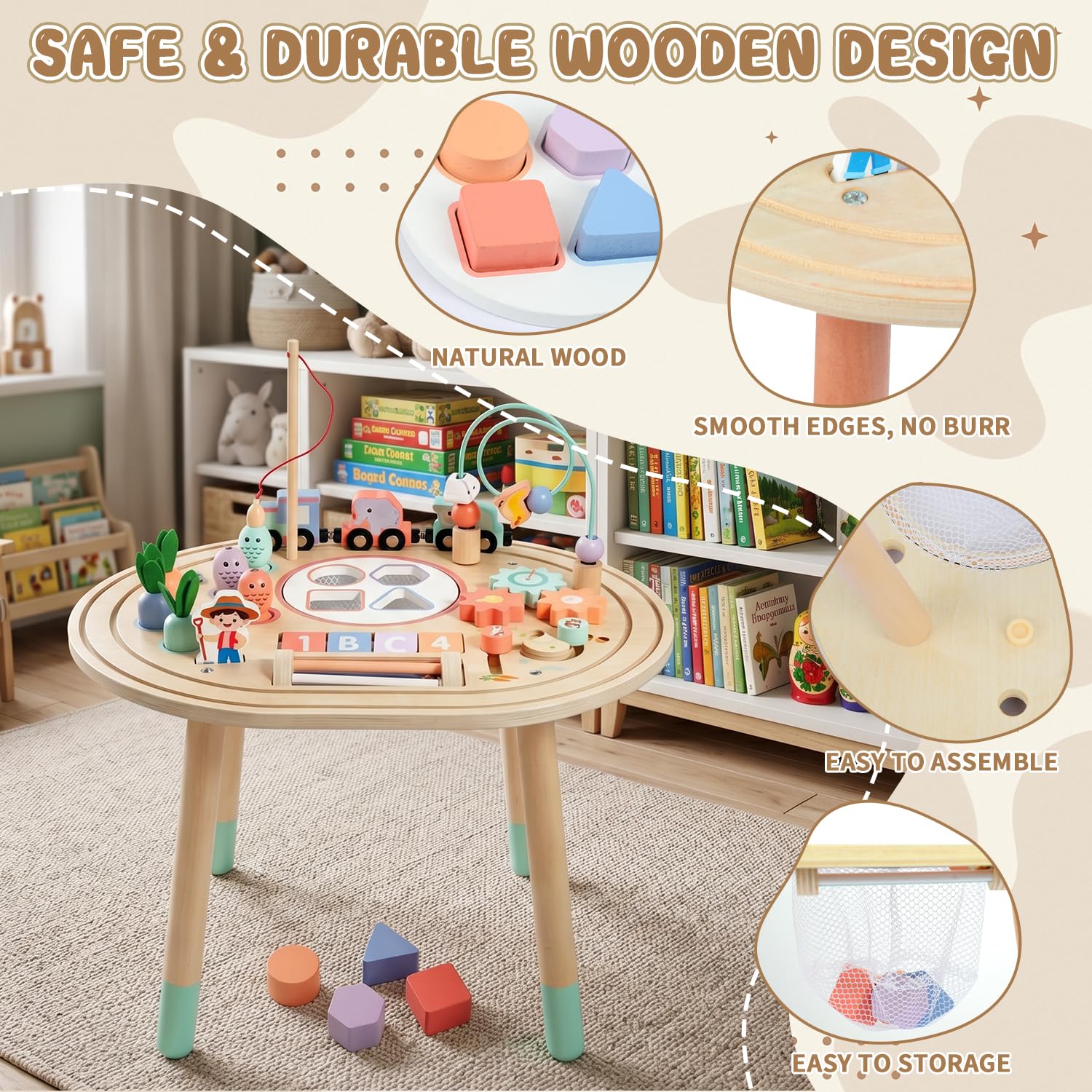 10-in-1 Holz Aktivitätstisch ab 1 Jahr, Kinder Montessori Spielzeug | Motorikspielzeug Lernspielzeug für 1+ Jahre, Spieltisch mit Angelspiel, Formensortierer & Tierzug, Geschenk für Mädchen Junge