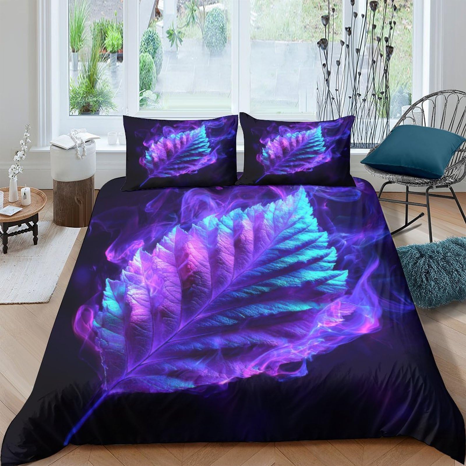 Ctjqhvkz Style-6 3D Printed Purple Blue Leaf Fitted Sheet Microfiber Soft Breathable Smoke Pattern Mattress Cover For Bedroom Dorm Single（135X200cm）