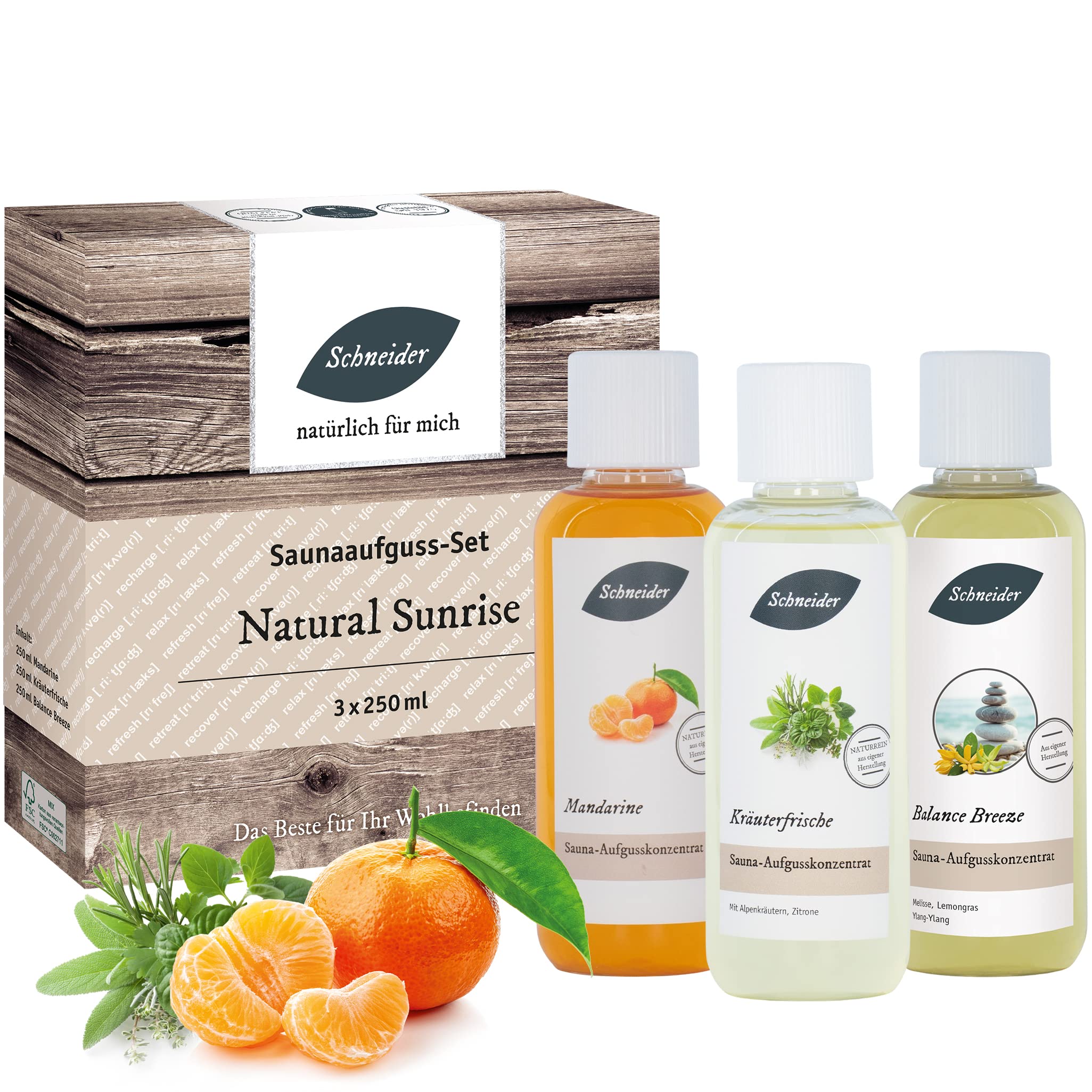 Saunabedarf Schneider - Aufgussset Natural Sunrise - 3 x 250 ml Inhalt - Saunaaufguss natürlich-frisch, wohltuender Mix