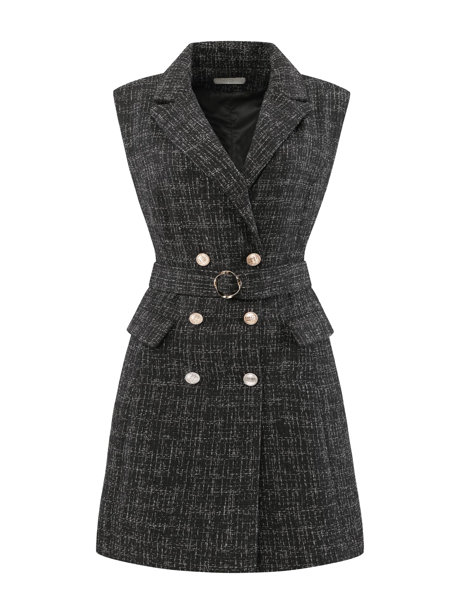 Womens Sleeveless Tweed Dress Collared Belted Button Down Work Blazer Dresses