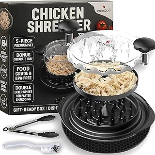 5-in-1 Chicken Shredder Tool Twist Large | 3x Faster Meat Shredder | Durable Food Grade BPA-Free & Dishwasher Safe | Bonus Tongs, Mat, Tray & Brush - Chicken Breast Shredder for Meal Prep & Fitness