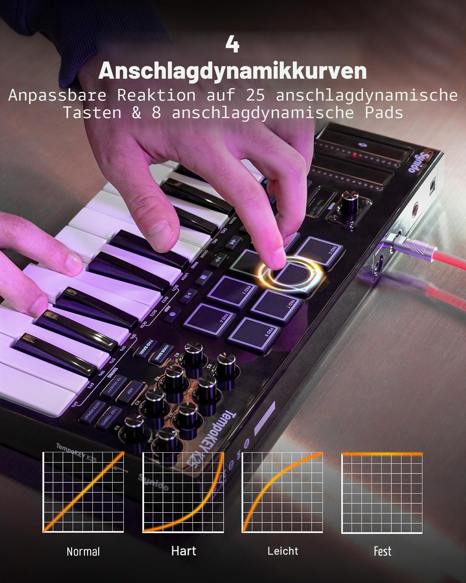 Synido TempoKEY K25 USB C MIDI Keyboard Controller Mit 25 Breiten Tasten, Tiefem Tastenhub Und Anschlagdynamischen Tasten, 8 RGB-Drum-Pads, OLED-Display, Transportsteuerung, Touch Streifen, Arpeggiato