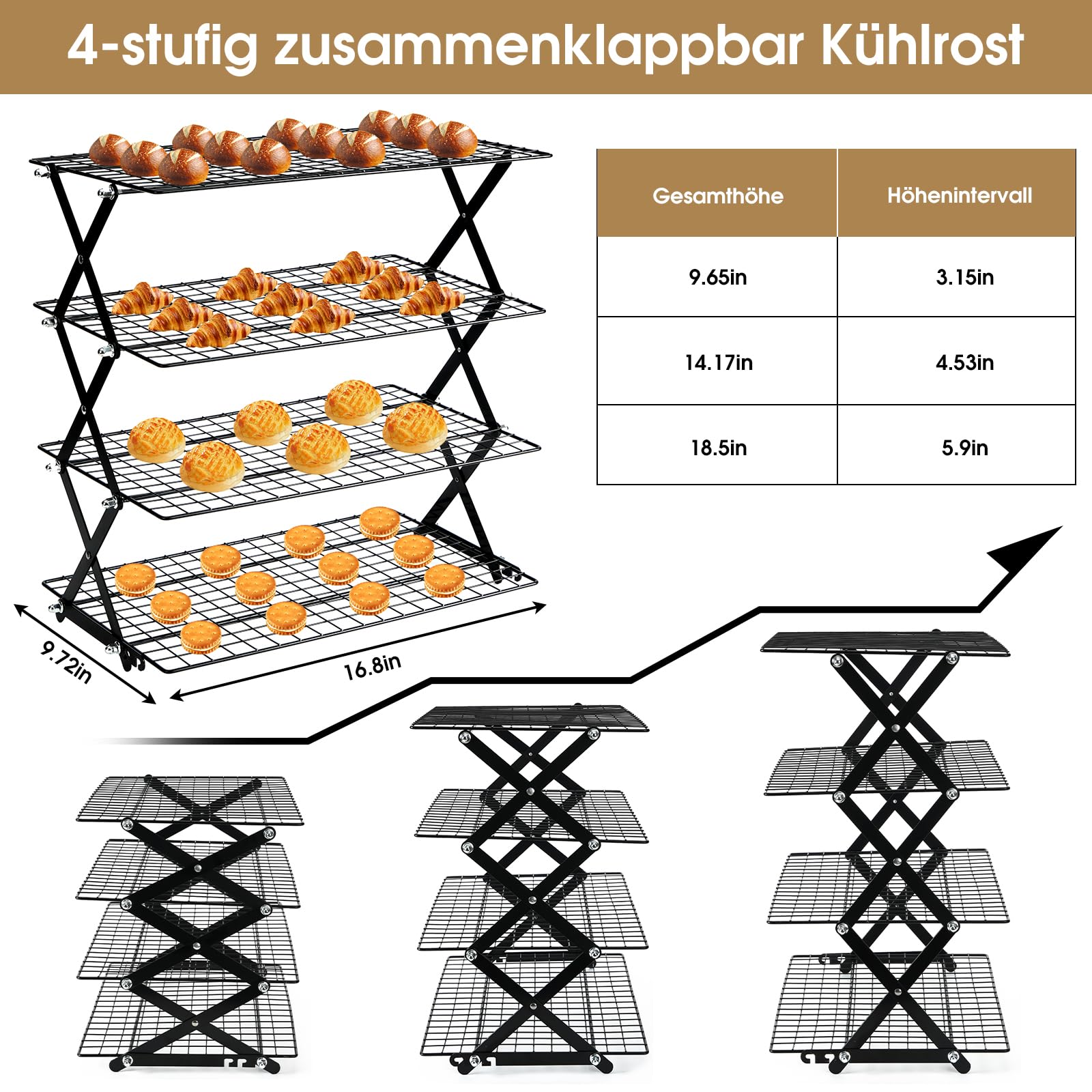 4-stöckiges zusammenklappbares Kühlregal, Antihaft-Abkühlgitter, Klappbares Kuchengitter, Platzsparendes Abkühlregal,Backkühlregal, Backutensilien für Muffins, Kekse, Pizza und Grillgut