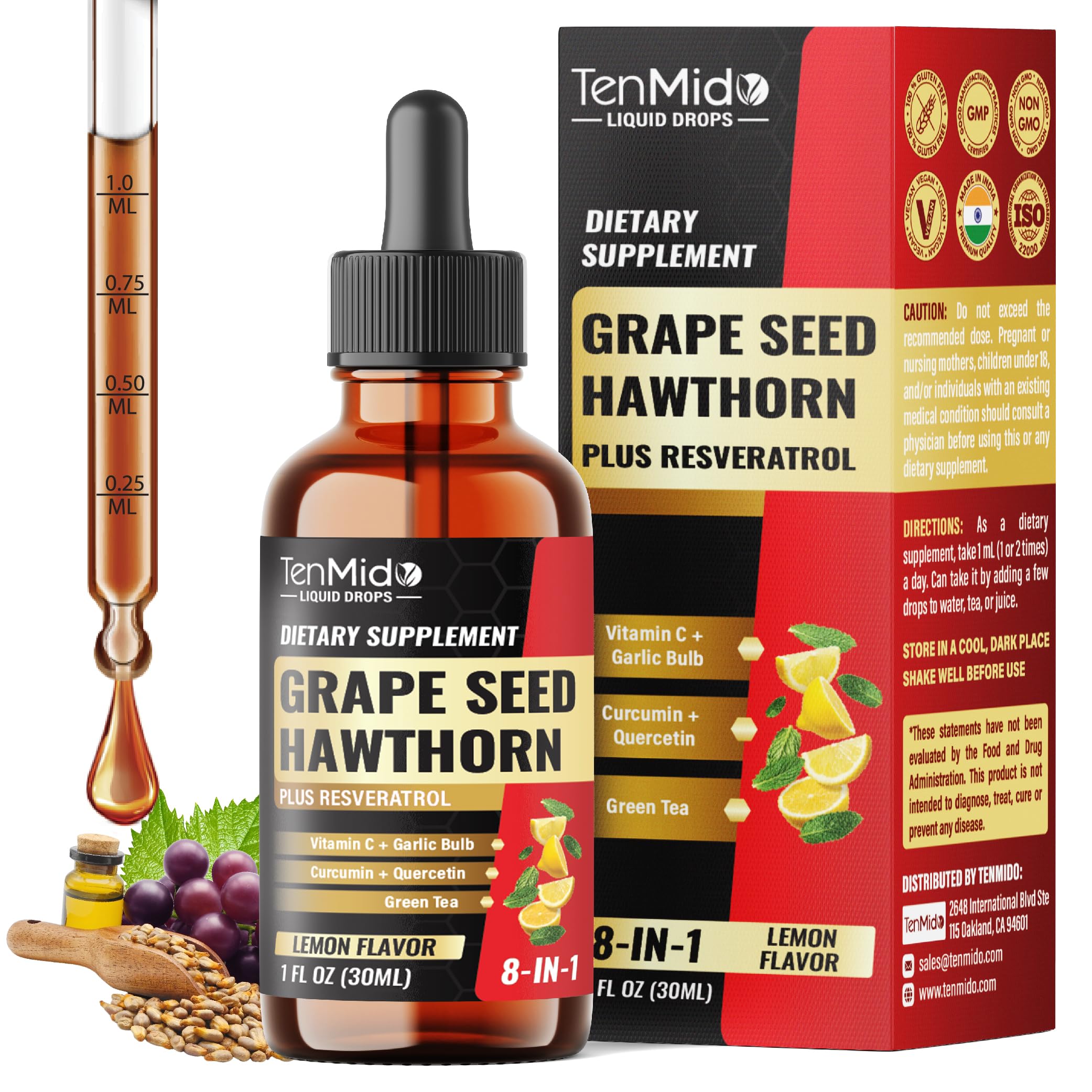 8in1 Grape Seed Extract Liquid Drops with Hawthorn Berry, Resveratrol, Garlic, Quercetin, Green Tea, and Vitamin C - Antioxidant Support - 30ml 1 Fl Oz