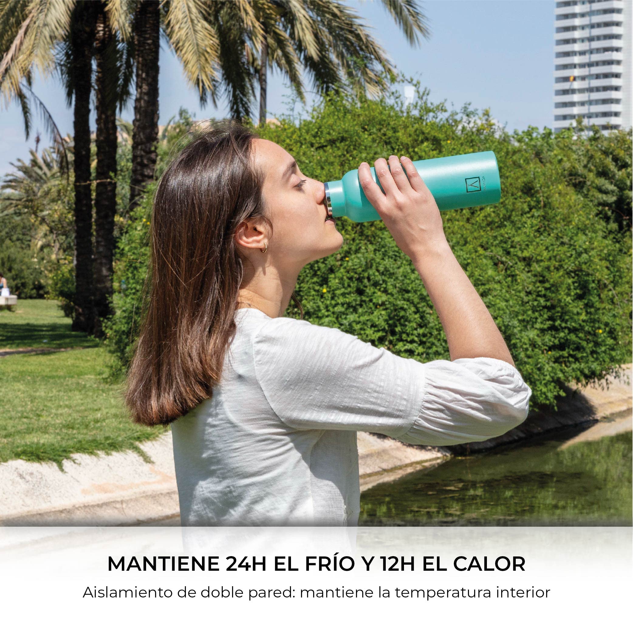 NUMADA-Botella Térmica Acero Inox 600ml Menta Estanca con Doble Pared al Vacío y Recubrimiento Cerámico. Mantiene Frío 24H y Calor 12H|Boca Ancha|Libre BPA|Incluye 2 Tapones (1 Sport)/Bolsa Transporte