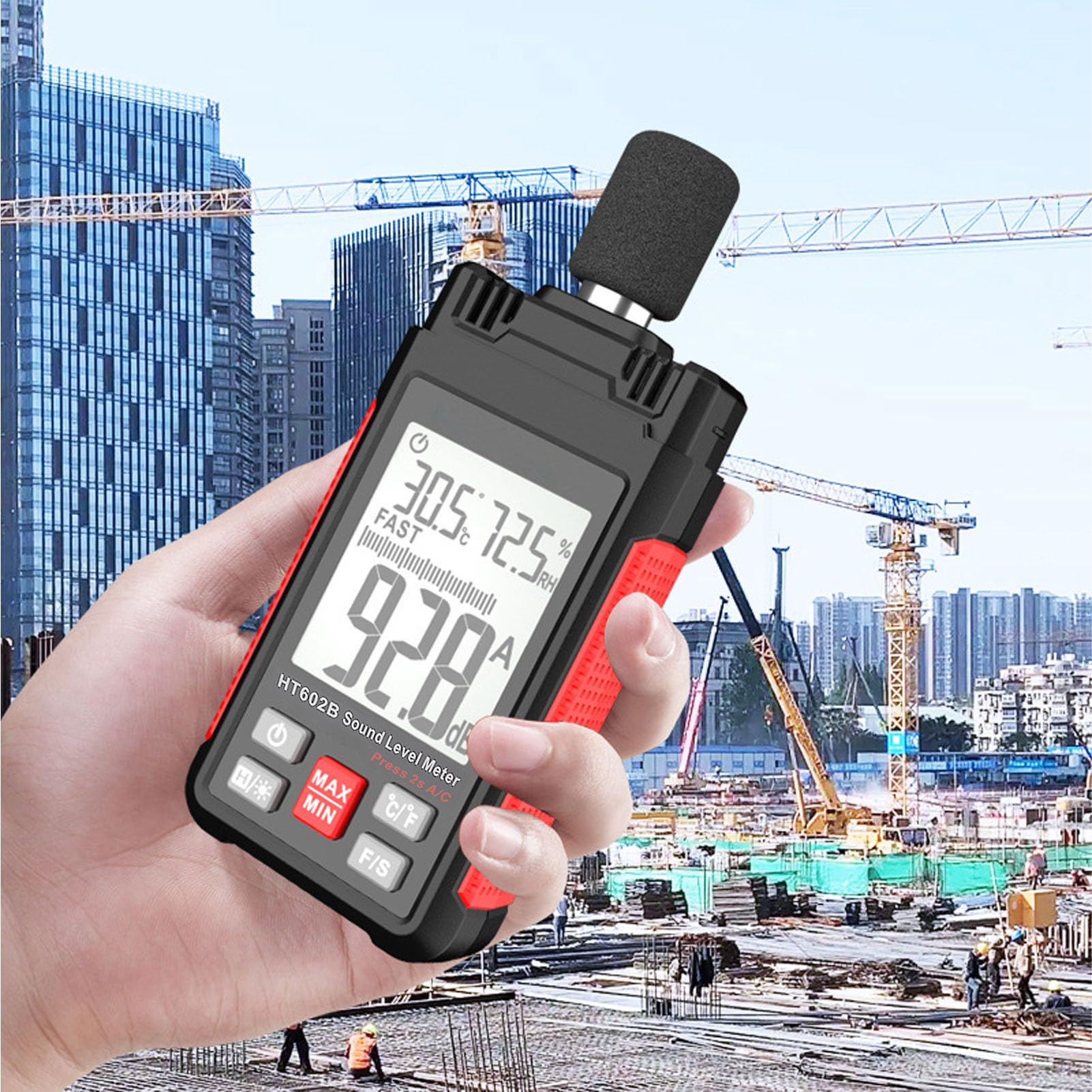 Fonometro Digitale 3 in 1 con Misurazione di Temperatura e Umidità - Misuratore di Decibel con Schermo LCD Retroilluminato - Monitor di Livello di Rumore Portatile per