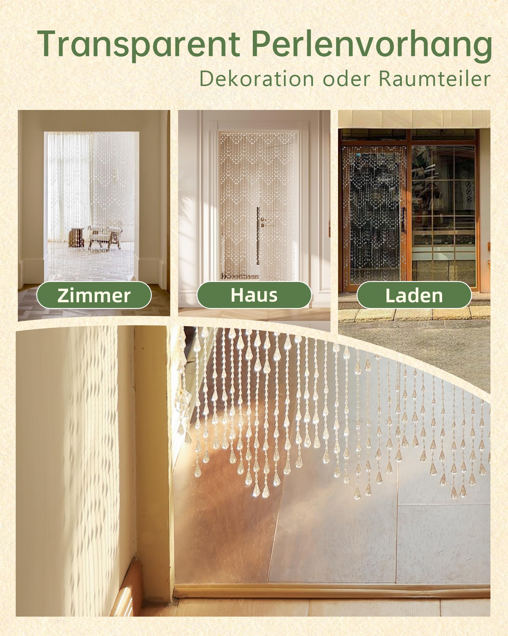 Cortina transparente de perlas de 90 x 200 cm, 60 hebras, cortina de perlas de plástico como decoración y protección contra insectos para puerta de balcón, habitación