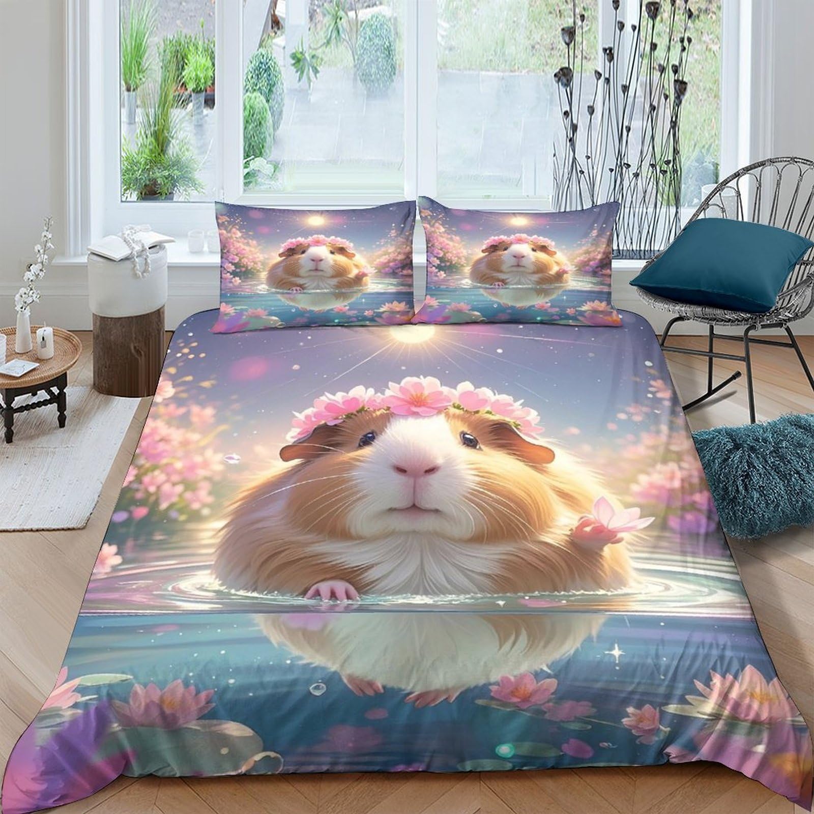 GPLZQXKJNH 3D Printed Cute Guinea Pig Duvet Cover Microfiber Soft Breathable Floral Bedding Set with 2 Pillowcases for Bedroom Décor Single（135x200cm）