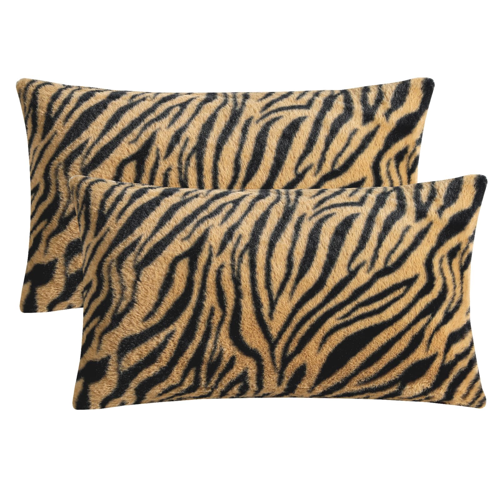 HOSTECCO Tiger Print Cushion Covers 30x50cm Pack of 2, Brown and Black Faux Fur Cushion Cases, Soft Fluffy Animal Print Decorative Lumbar Throw Cushions for Couch Sofa Living Room Bedroom