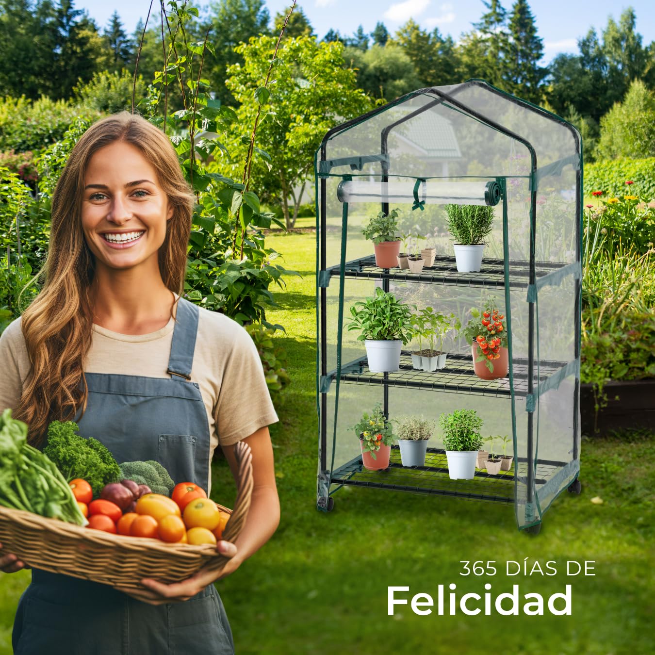 tectake® Invernadero Exterior en Acero con 3 Baldas de Rejilla y Protección UVA, Invernadero Terraza 69x49x133cm, Caseta Jardin Exterior con Ruedas y Cierre de Cremallera, Ideal para Huerto y Jardín