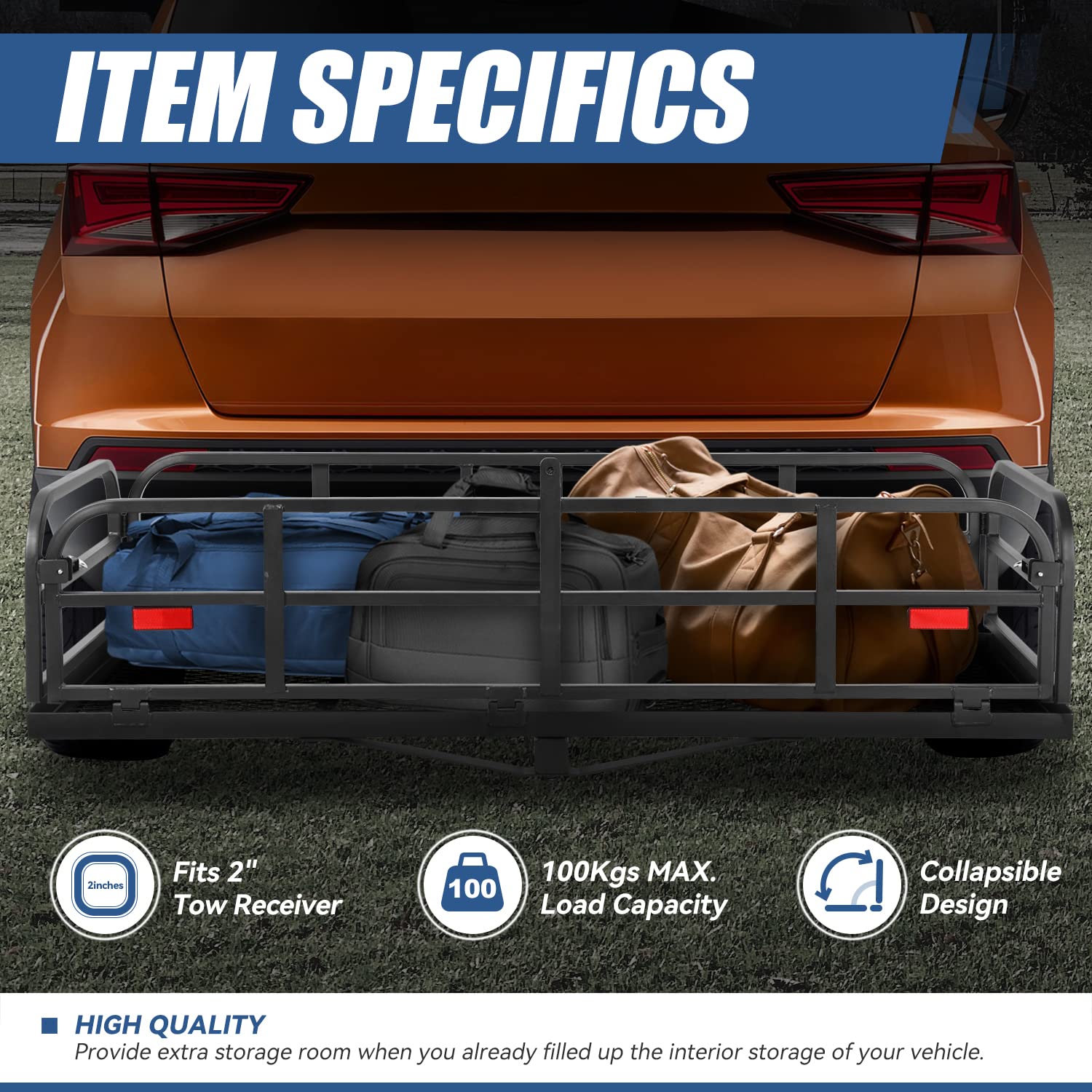 Auto Dynasty Universal Rear Fold-Up Tow Hitch Trailer Cargo Holder Carrier Basket with Red Reflector Compatible with 2 Inch Tow Receiver Car Model, Mild Steel, Black Powdercoated