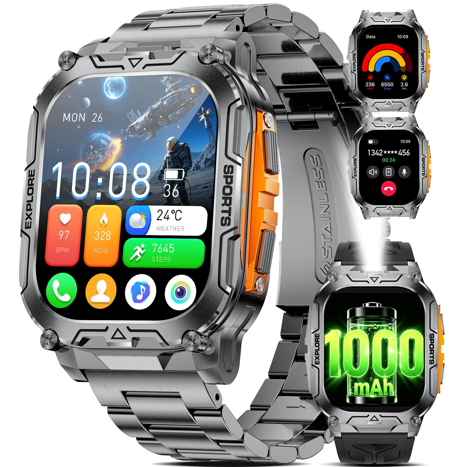 HIRREO 1000mAh Akku Smartwatch Herren,2,01" HD Militär Smart Watch mit Telefonfunktion,100+Sportmodi Fitnessuhr Tracker, 5ATM Wasserdicht Sportuhr,Herzfrequenz Schlafmonitor Schrittzähler Android/iOS