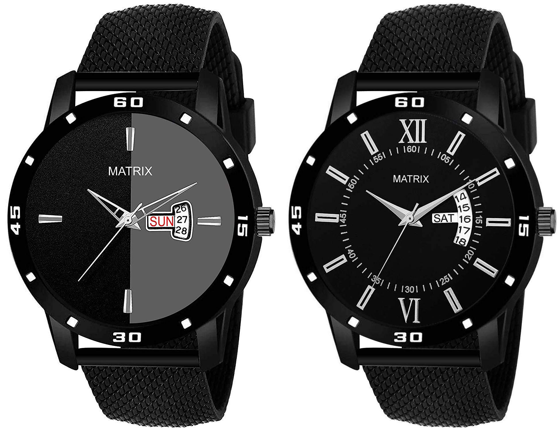 Matrix"Pair of The Year Day & Date Black Watches for Men & Boys (Set of 2), Black-Silver, Free Size, Classic