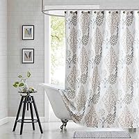 Vista 8 de Cortina de ducha larga de tela, cortinas de ducha de damasco bohemio con estampado de paisley en vino burdeos y oro amarillo, cortinas impermeables