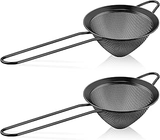 LIANYU Fine Mesh Strainer Set of 2, Stainless Steel Tea Sieve Strainer with Long Handle, 3.3 Inches Metal Conical Strainer for Straining Cocktail Sifting Flour and Filtering Coffee, Rust Proof, Black
