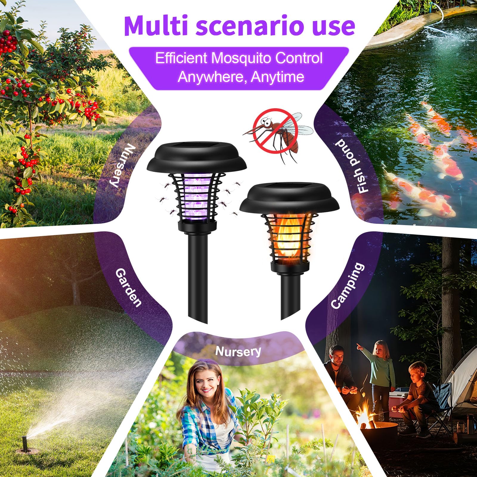 4 lampade a energia solare anti-insetti per esterni, impermeabili, repellenti per zanzare, luce solare per tarme, mosche, piccoli insetti volanti, cortile, giardino, prato (plastica, viola e luce