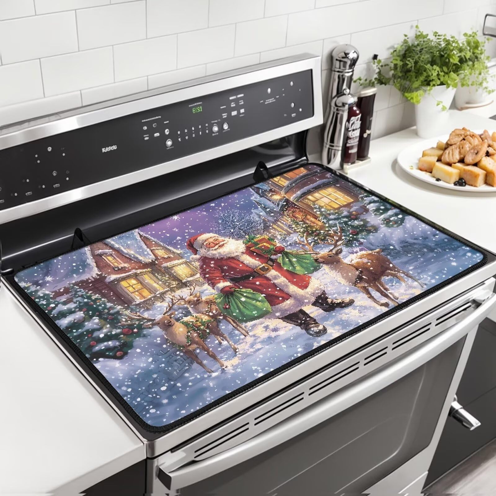 Kitchen Countertop Stove Top Covers for Electric Stove, Glass Cooktop Protector, Flat Top Oven Cover Mat, Heat Resistant Protection Christmas Santa Claus Reindeer Print