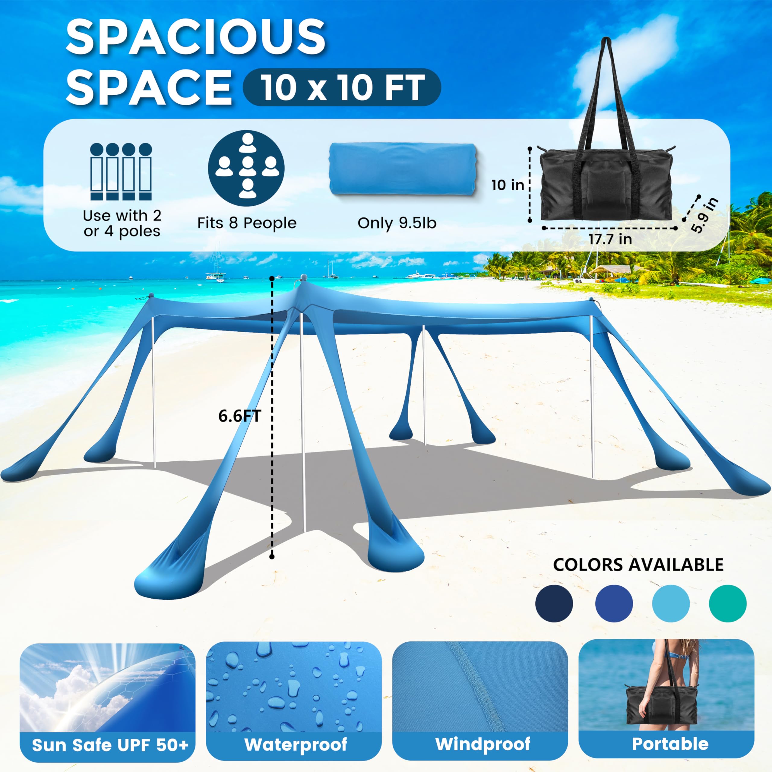 Strandüberdachung, Strandzelt, Pop-Up-Schatten, 3 x 3 m, Sonnenschutz LSF 50+, mit 8 Sandsäcken, 2 Sandschaufeln, 4 Aluminium-Stangen, Bodenheringe, tragbare Tragetasche für Outdoor, Familie