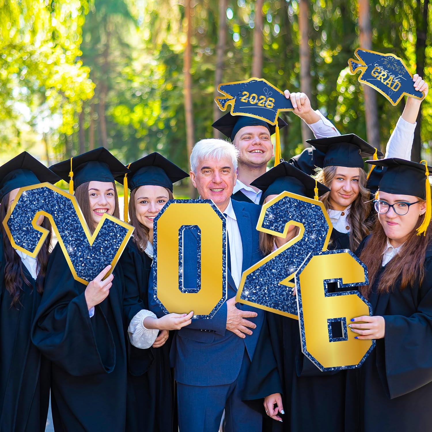 Graduation Yard Signs, 14 PCS Blue Gold Congrats Grad Lawn Stakes, Class of 2026 Yard Signs with Stakes, Graduation Party Decorations Outdoor, Waterproof GRAD Yard Decor for College High School