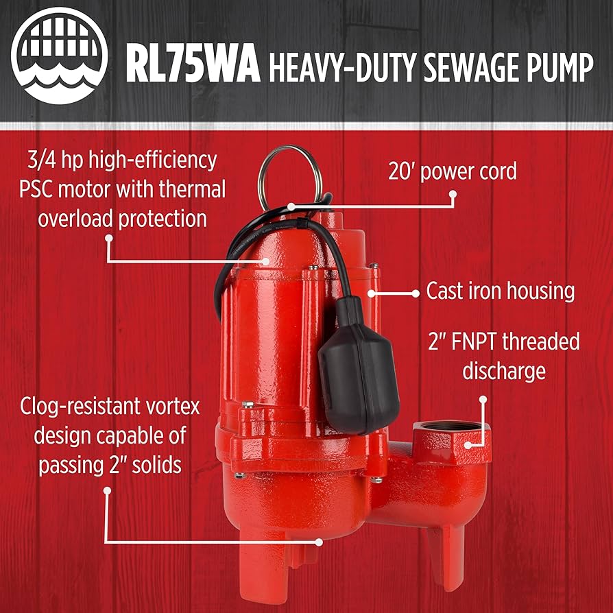 Red Lion RL75WA 115 Volt, 3/4 HP, 8400 GPH Sewage Pump with