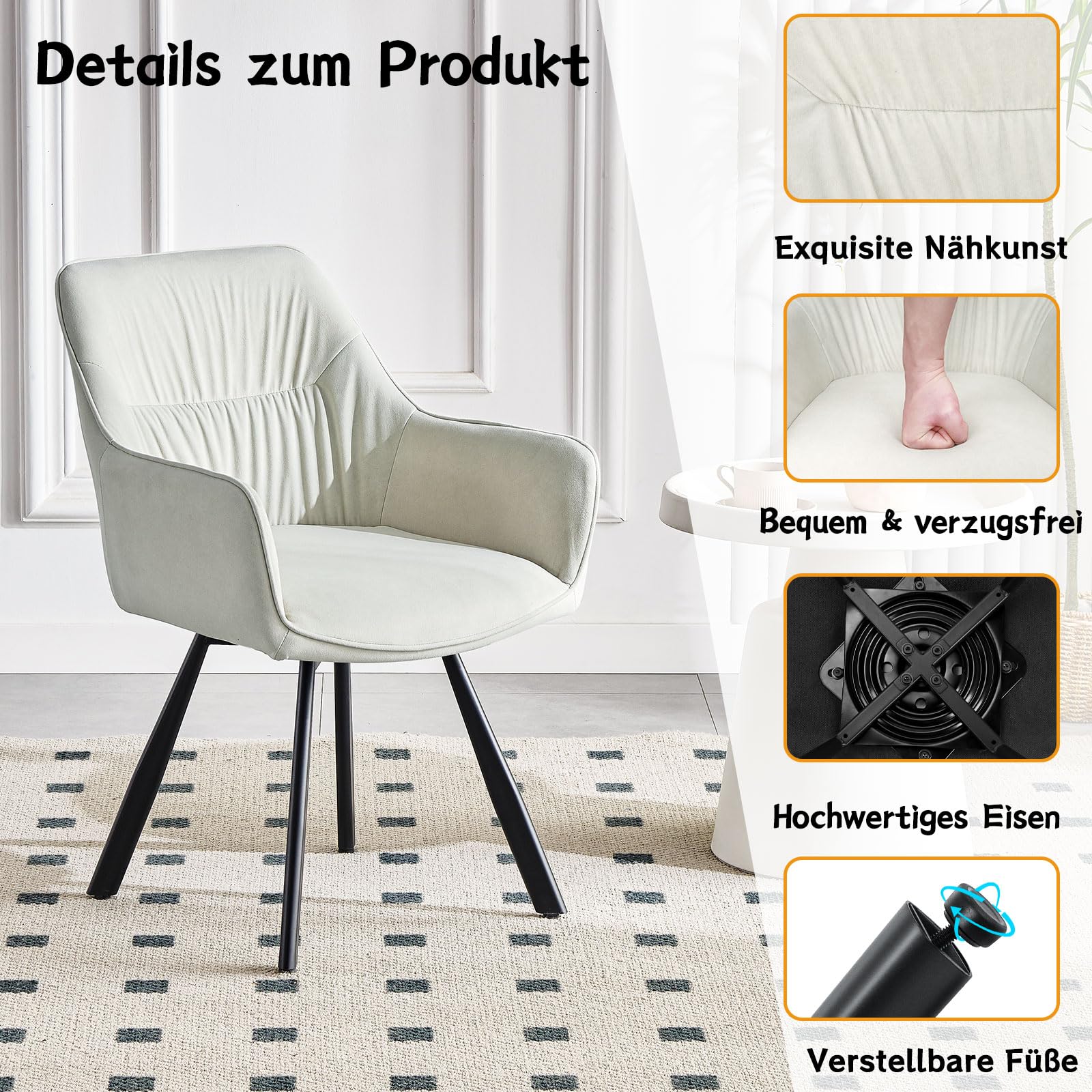 LEWE Esszimmerstühle Drehbar 6er Set, Armlehnstuhl aus Kurzflor-Stoff