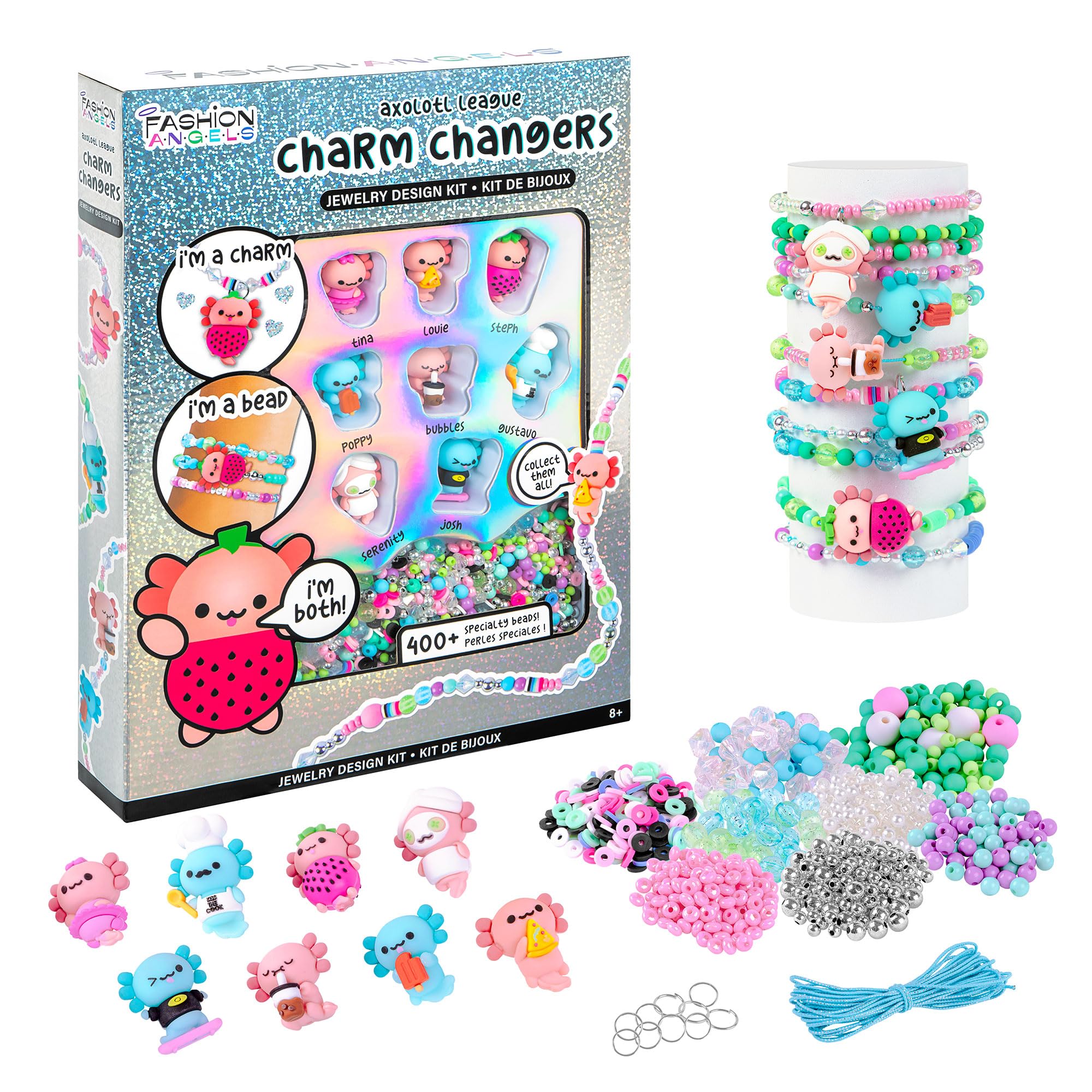 Fashion Angels Basic Fun Charm Changers – Axolotl League Jewelry Kit for Girls – DIY Necklace & Bracelet Making Set with Axolotl Charms, Donut & Heishi Beads – Creative Gift for Ages 6+