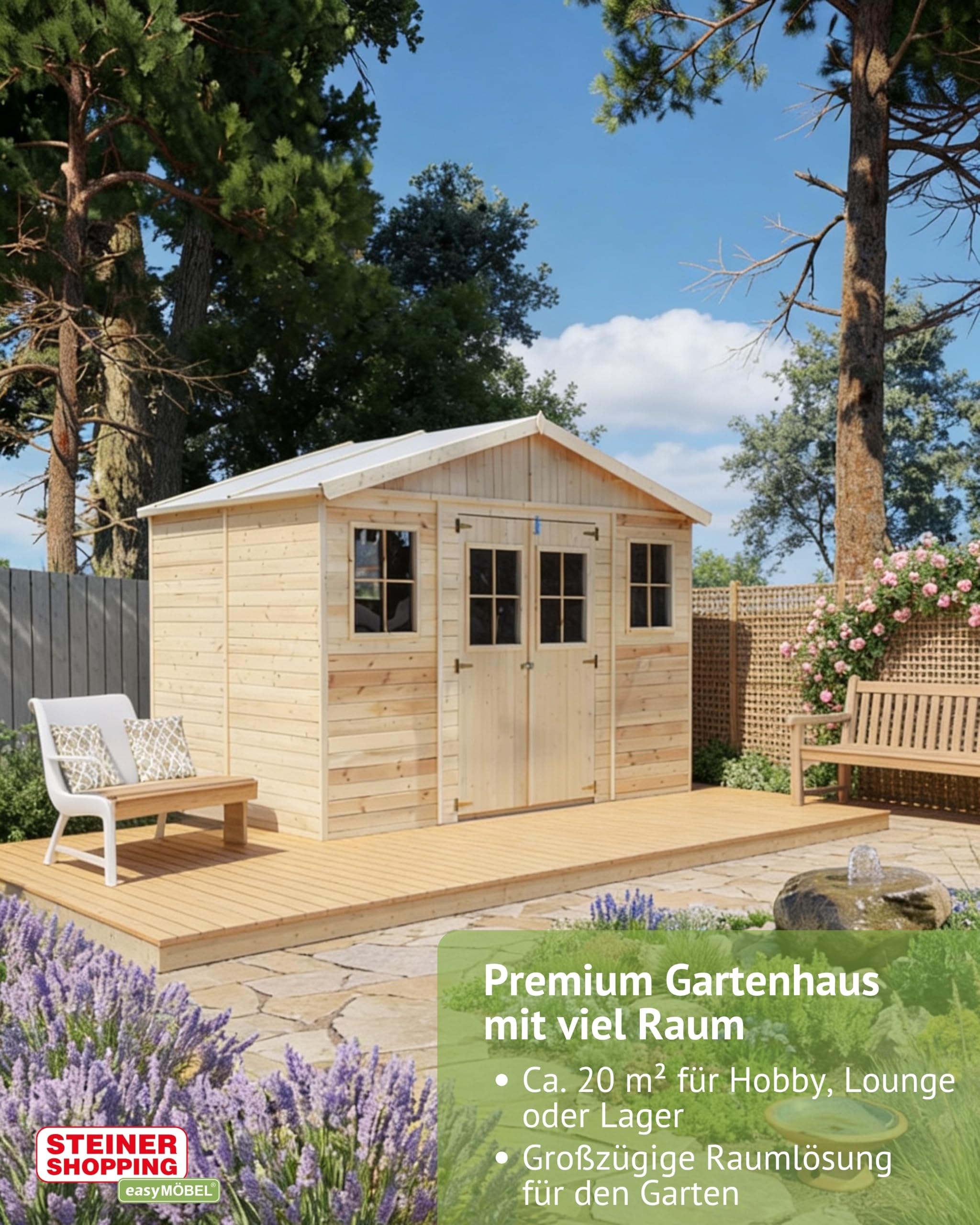 Steiner Shopping Gartenhaus Aachen 500x400 cm aus Holz I Vorgefertigtes Elementhaus mit Satteldach & Dachpappe I Großer Geräteschuppen für Gartengeräte & Fahrräder I Robuste Gartenhütte