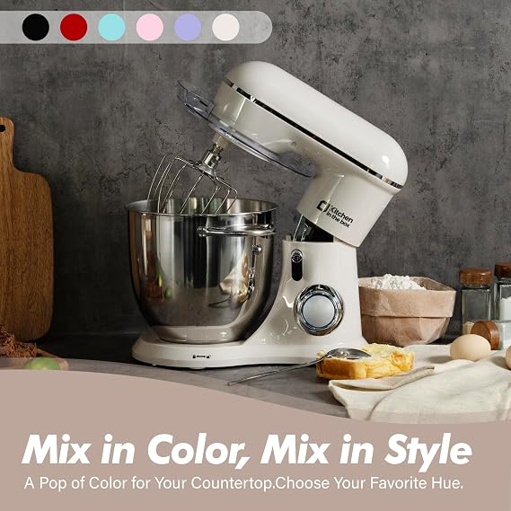 Kitchen in the box Stand Mixer, 6L Electric Food Mixer with 10 Speeds, 1300W Kitchen Appliance for Home Baking, Colorful Baking Tool for Bread Dough Cake with Dough Hook, Whisk, Beater (Grey White)