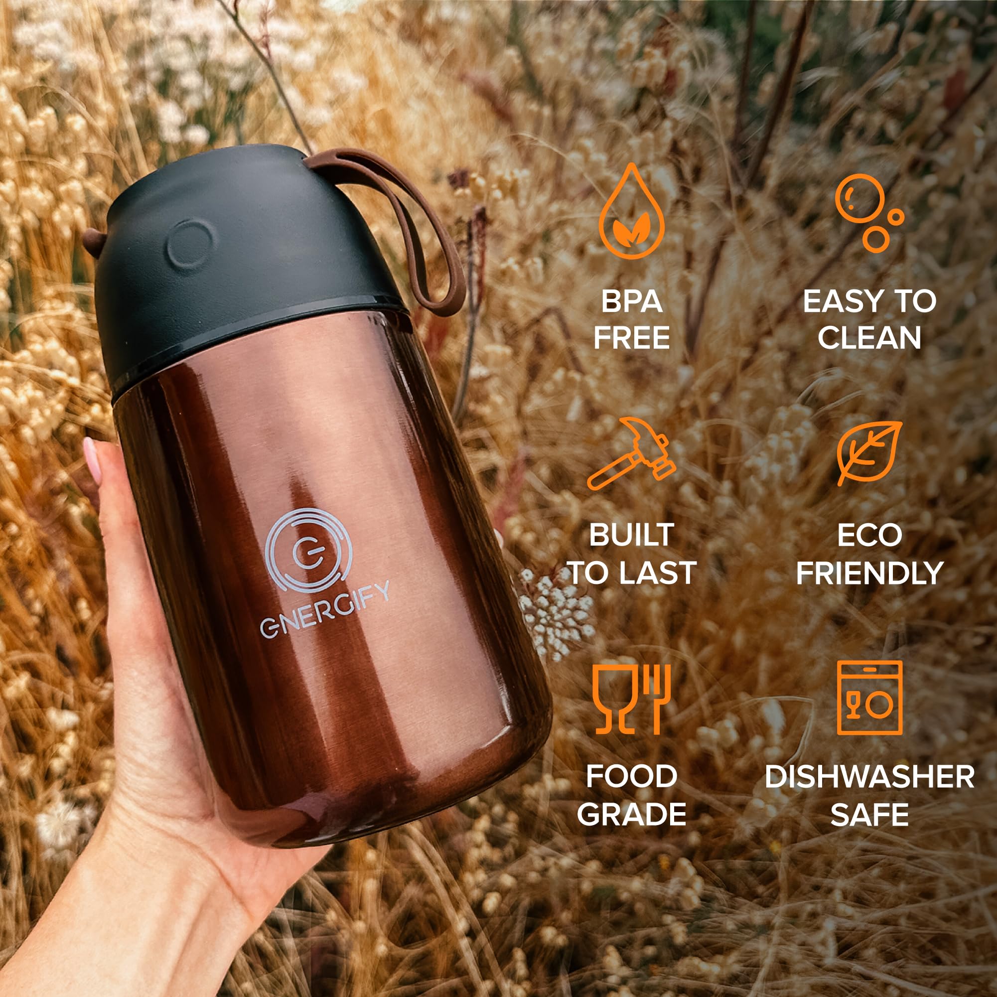 ENERGIFY Izolowany próżniowo słoik na żywność, szeroki otwór, 680 ml, termos na zupę ze składaną łyżeczką, termiczne pojemniki na lunch dla dzieci i dorosłych, szczelny termos ze stali nierdzewnej do