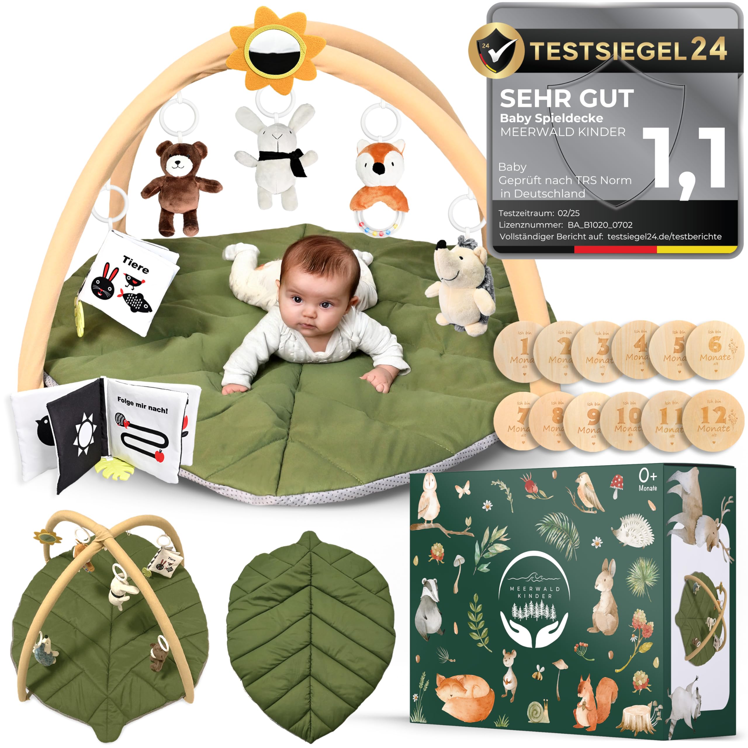 MEERWALD KINDER® Premium Spielbogen Baby XXL waschbar mit 6 Montessori Sensorikspielzeugen, Meilensteinkarten, Spieldecke, Baby Gym Antirutsch Krabbelmatte Baby im Wald-Design-CE-zertifiziert