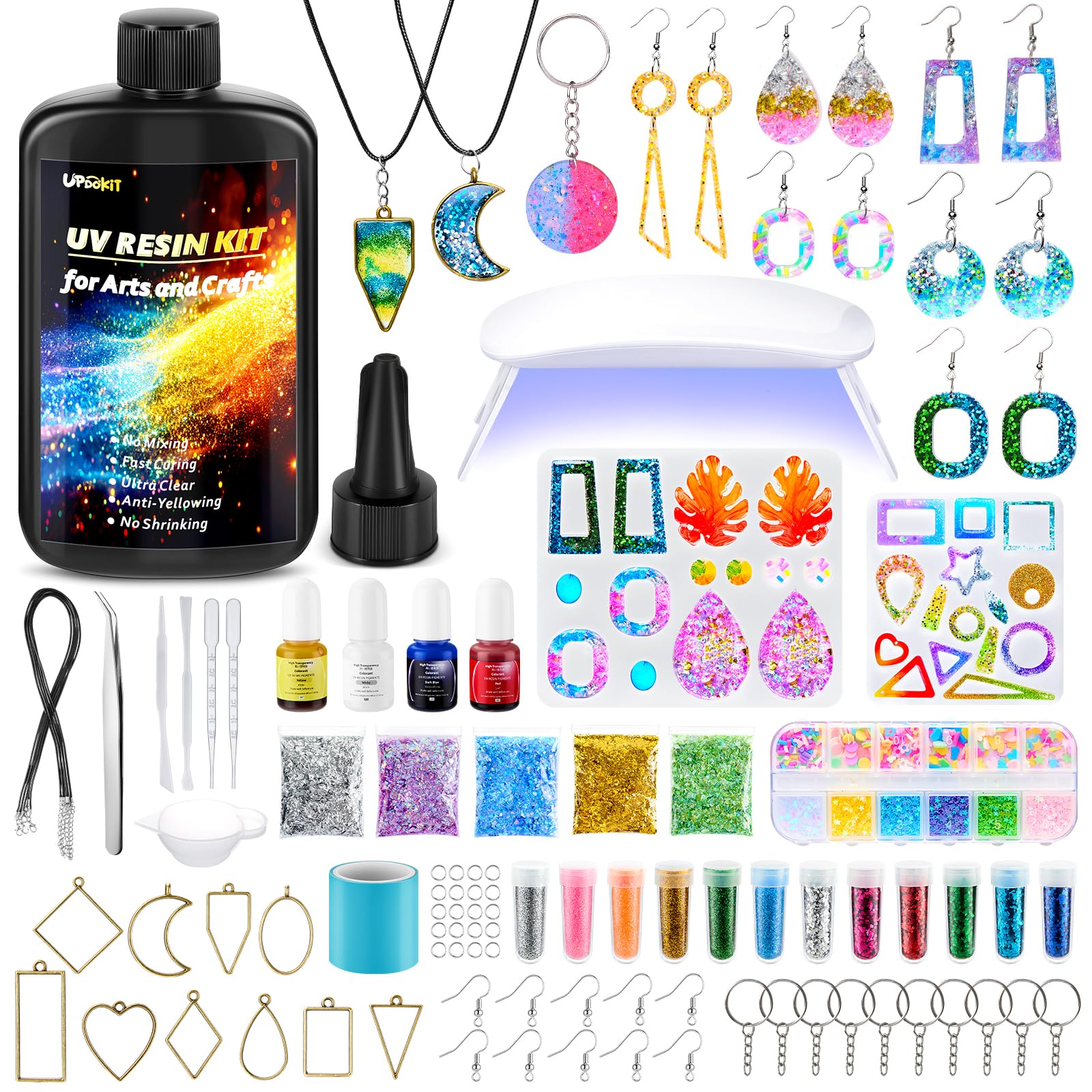 UPDOKIT UV Resin mit UV Lampe, 240 g UV Resin Hart Kristallklares von Schmuck Herstellung, Ohrringe, Halsketten, Armbändern, Kunst Anhänger, DIY Handwerk