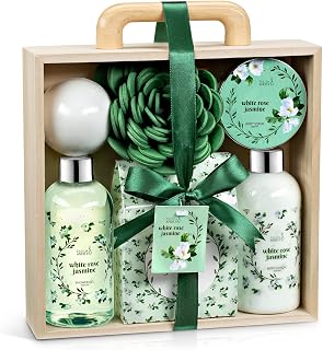 Deluxe White Rose Jasmine Spa Basket - 7pc Home Spa Set with Shower Gel, Body Lotion, Bath Salts, Body Scrub, Bath Bomb and Bath Puff in Wooden Curio