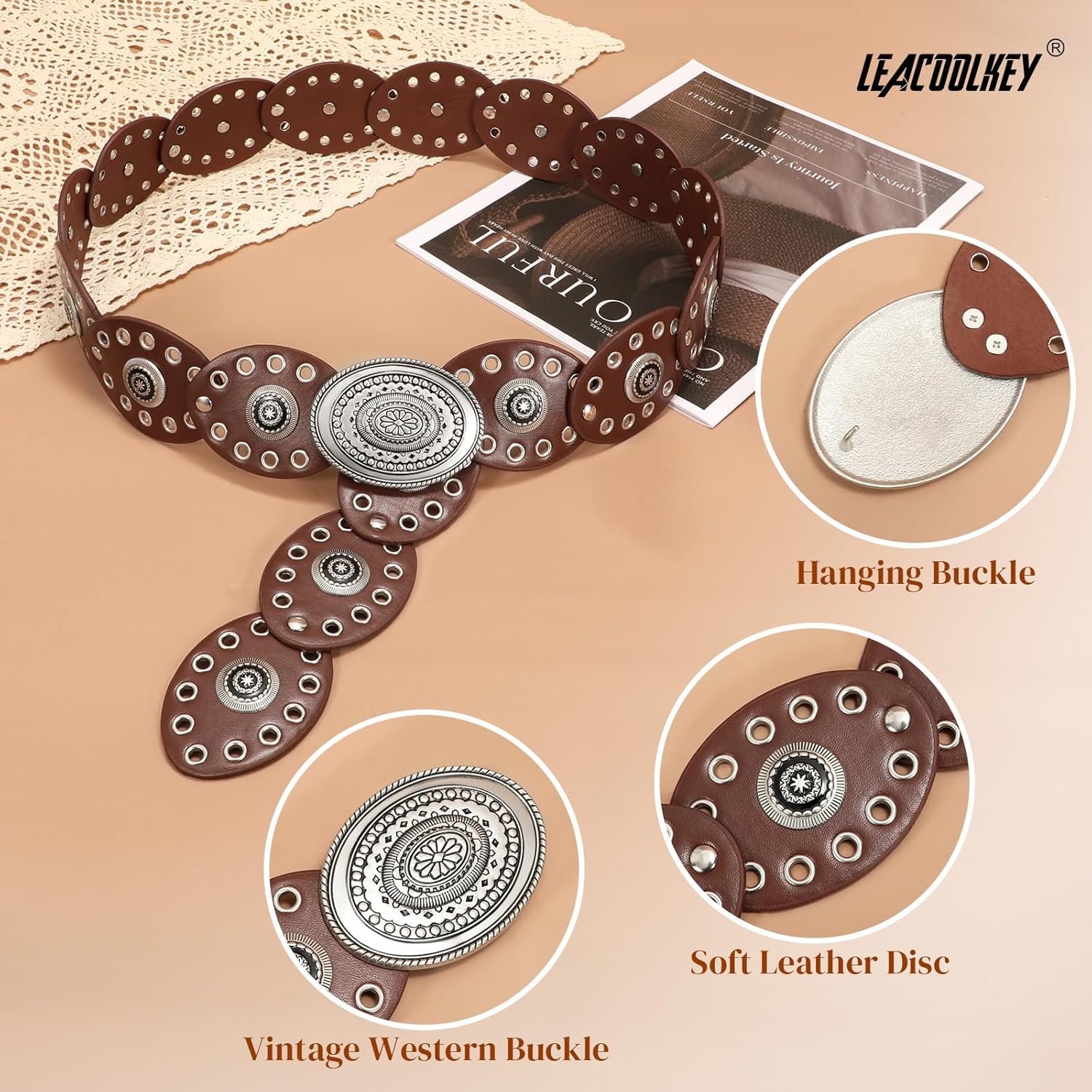 LEACOOLKEY Hollow Western Disc Belt for Dress Boho Concho Belt Vintage Country Waist Belts for Women - Image 5