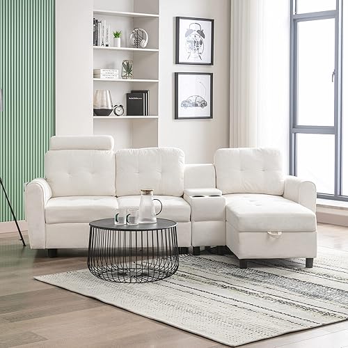 Sofá seccional en forma de L, moderno sofá modular con diván de almacenamiento, sofá esquinero tapizado en forma de L con soporte para tazas y