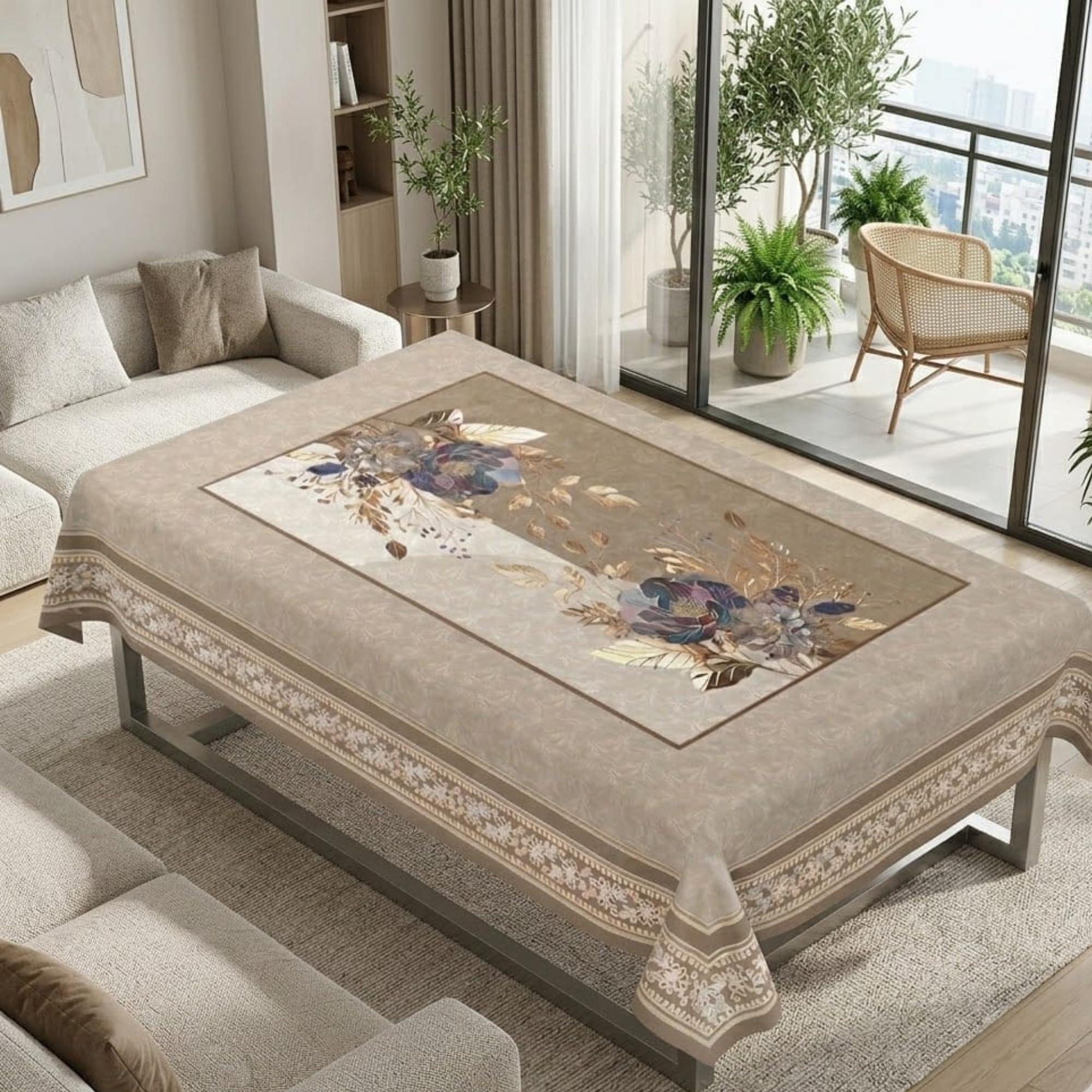 Tarantaran Beige Flower Print Center Table Cover | Stylish Home Decor Table Cloth-image-3