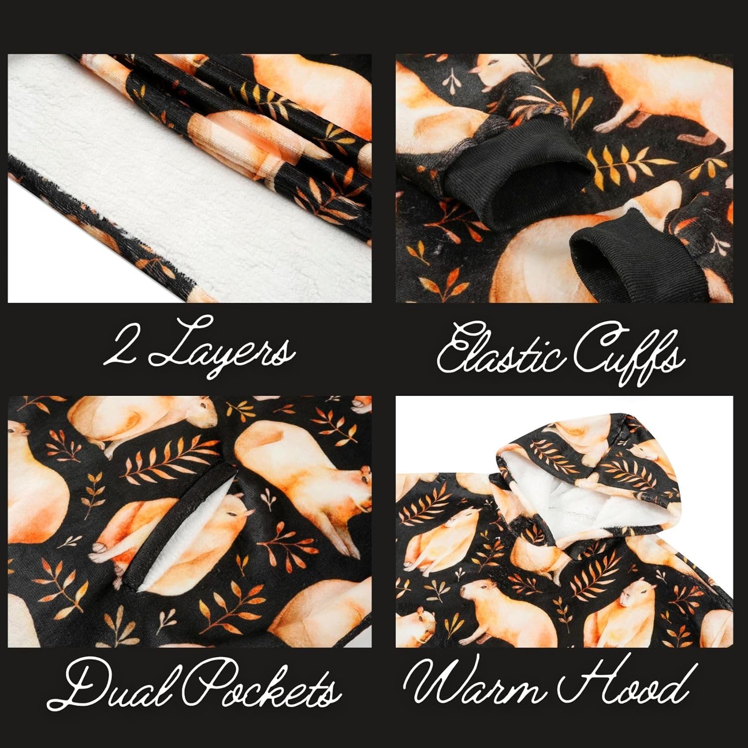 Capybara Gifts for Women Men Capybara Lovers, One Size Wearable Blanket Hoodie, Super Soft Warm Cozy with 2 Pockets for Christmas, Birthday - Black Full Print - Image 6