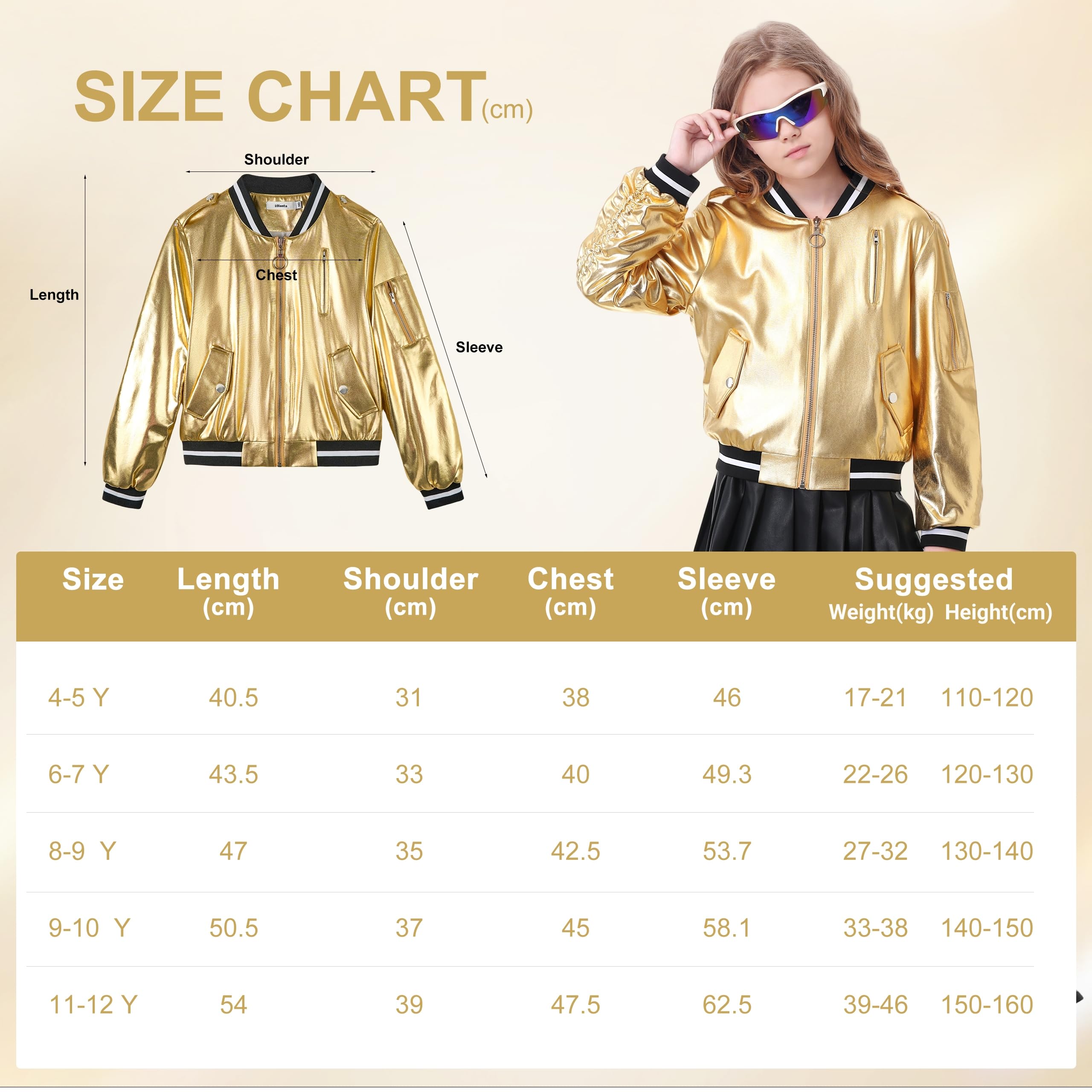 LOLANTA Blouson Bomber Métallique Brillant pour Fille, Veste Holographique Y2K Style Futuriste pour Halloween et Carnaval, 4-12 Ans