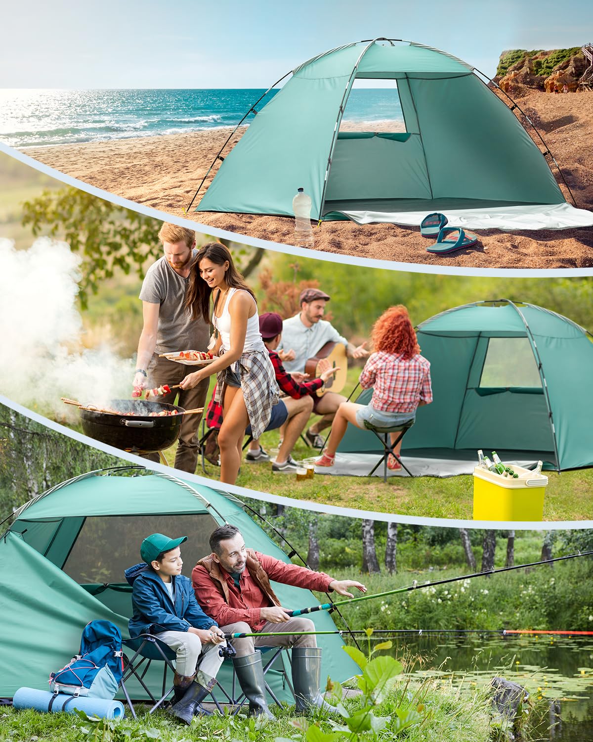Tenda Da Spiaggia, 2-3 Persone Tenda Parasole Spiaggia, UPF 50+ Uv Protection, Installazione Semplice, Leggera E Facile Da Trasportare, Per Campeggio, Spiaggia, Attività All'aperto