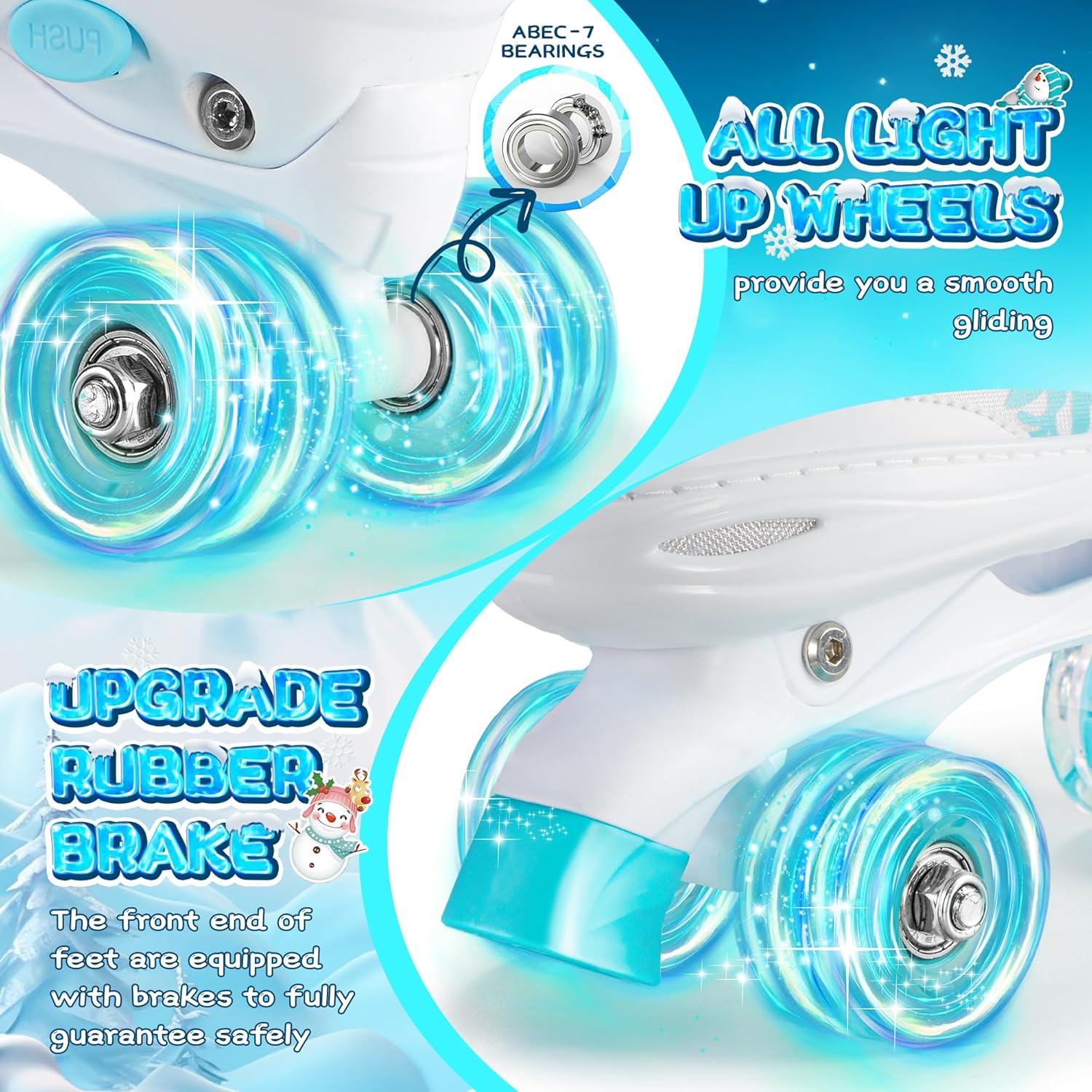 snowflake roller skates for girls,4 size adjustable kids roller skates with all light up wheels for toddler teens beginners, ideal birthday for indoor outdoor use white medium - big kid(1-4)