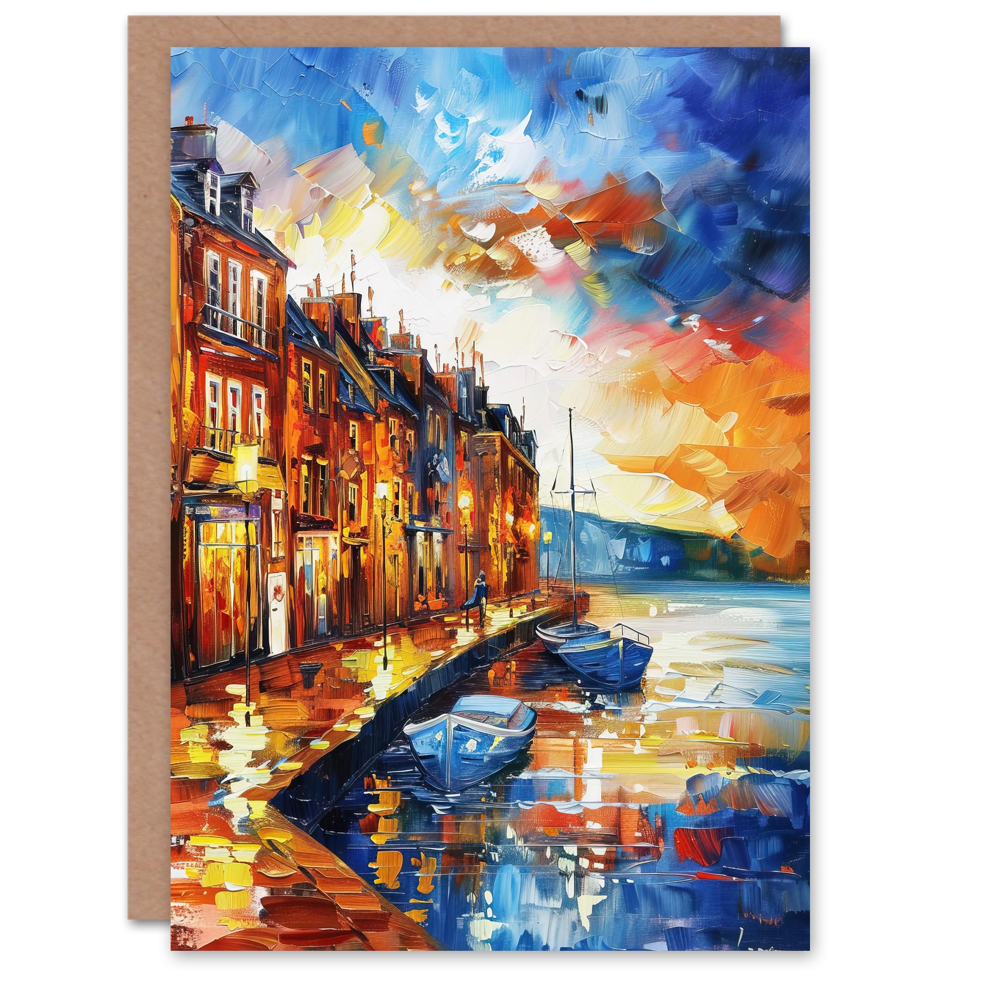 Artery8 Seaside Town Harbor Sunset Oil Painting Greeting Birthday Card Him Her All Blank